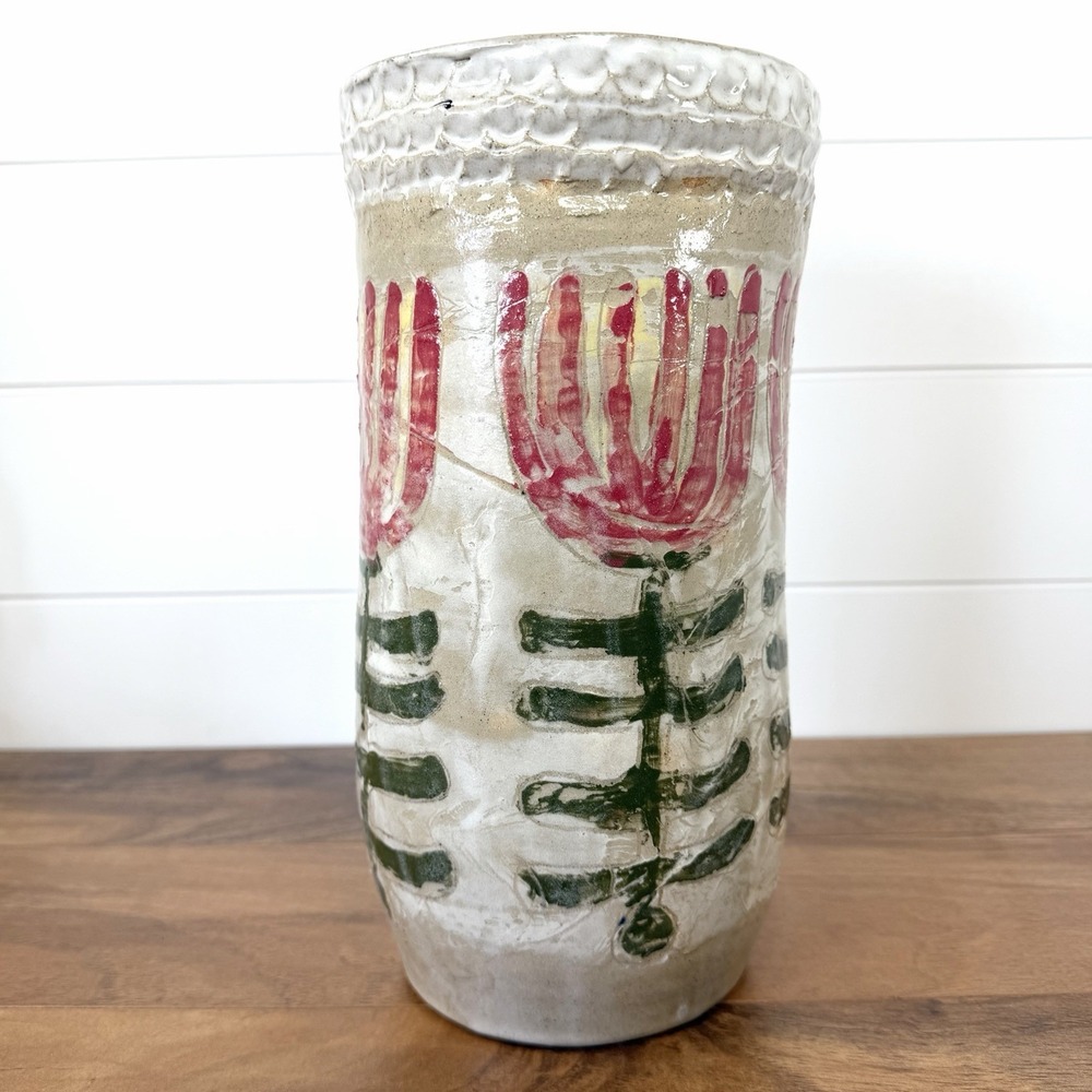 Primitive Textured‎ Floral Vase 11.5" Pottery Mcm Stoneware Rustic Cottagecore